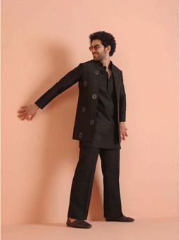 KISAH - Men's Black Silk Blend Jacquard Mid Kurta with Nehru Jacket & Straight Leg Trouser