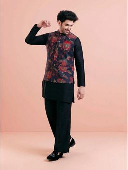KISAH - Men's Blue Cotton Blend Printed Mid Kurta with Jacket & Straight Leg Trouser