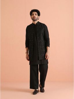 KISAH - Men's Black Blended Sequin Embellished Mid Kurta with Nehru Jacket & Straight Leg Trouser