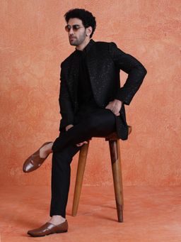 KISAH - Men's Black Silk Blend Sequin Kurta Short Kurta with Sherwani & Trouser