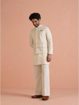 KISAH - Men's Beige Cotton Blend Embroidered Mid Kurta with Nehru Jacket & Straight Leg Trouser