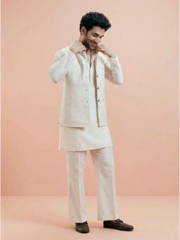 KISAH - Men's Cream Cotton Silk Self Design Mid Kurta with Nehru Jacket & Straight Leg Trouser