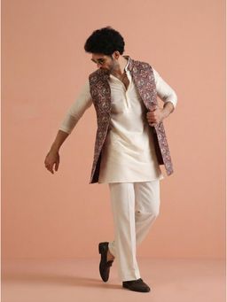 KISAH - Men's Purple Cotton Blend Printed Mid Kurta with Nehru Jacket & Straight Leg Trouser