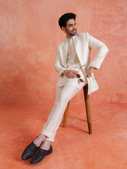 KISAH - Men's White Silk Blend Jacquard Short Kurta with Sherwani & Trouser