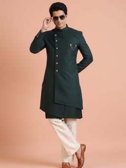 KISAH - Men's Green Solid Dyed Kurta with Sherwani & Trouser
