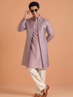 KISAH - Men's Pink Woven Design Kurta Front Open Kurta with Sherwani & Trouser