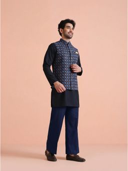 KISAH - Men's Navy Blue Silk Blend Printed Mid Kurta with Nehru Jacket & Straight Leg Trouser