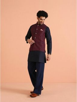 KISAH - Men's Red Cotton Blend Paisley Mid Kurta with Nehru Jacket & Straight Leg Trouser