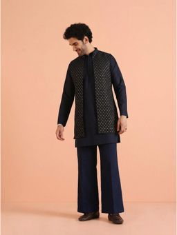 KISAH - Men's Navy Blue Silk Blend Jacquard Mid Kurta with Nehru Jacket & Straight Leg Trouser