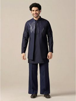 KISAH - Men's Navy Blue Cotton Blend Kurta with Nehru Jacket & Straight Leg Trouser