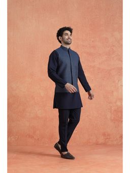 KISAH - Men's Blue Denim Embellished Mid Kurta with Jacket & Trouser
