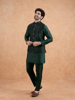 KISAH - Men's Bottle Green Silk Blend Embroidered Mid Kurta with Jacket & Trouser