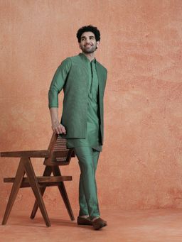 KISAH - Men's Dark Green Silk Blend Jacquard Mid Kurta with Jacket & Trouser