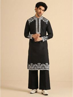 KISAH - Men's Black Cotton Blend Embroidered Kurta with Straight Leg Trouser