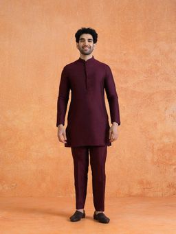 KISAH - Men's Wine Silk Blend Sequin Mid Kurta with Jacket & Trouser