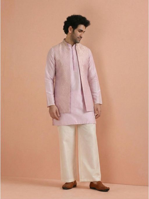KISAH Men's Lilac Jacquard Mid Kurta with Nehru Jacket & Straight Leg Trouser