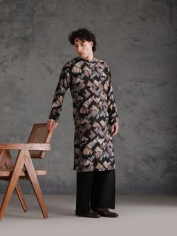 KISAH - Men's Black Blended Printed Kurta with Straight Leg Trouser