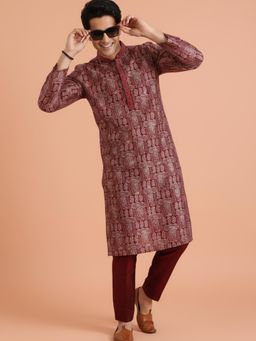 KISAH - Men's Maroon Printed Kurta with Trouser