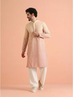 KISAH - Men's Peach Cotton Blend Schiffli Embellished Kurta with Straight Leg Trouser
