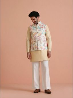 KISAH - Men's Cream Cotton Blend Printed Mid Kurta with Nehru Jacket & Straight Leg Trouser