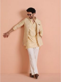 KISAH - Men's Cream Silk Blend Jacquard Mid Kurta with Nehru Jacket & Straight Leg TrouserT