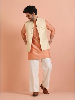 KISAH - Men's Cream Silk Blend Self Design Mid Kurta with Jacket & Straight Leg Trouser