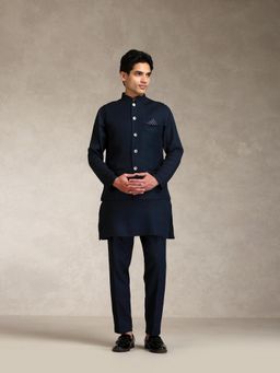 KISAH - Men's Navy Blue Poly Viscose Solid Mid Kurta with Nehru Jacket & Trouser