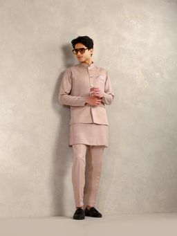 KISAH - Men's Blush Pink Poly Viscose Solid Mid Kurta with Nehru Jacket & Trouser