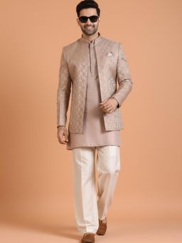 KISAH - Men's Beige Jacquard Mid Kurta with Short Sherwani & Straight Leg Trouser