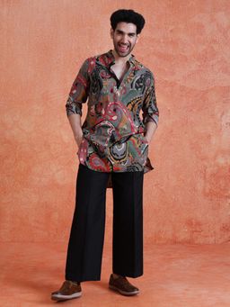 KISAH - Men's Grey Cotton Blend Printed Mid Kurta with Straight Leg Trouser