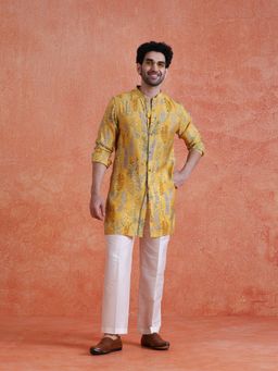 KISAH - Men's Yellow Polyviscose Printed Front Open Mid Kurta with Straight Leg Trouser