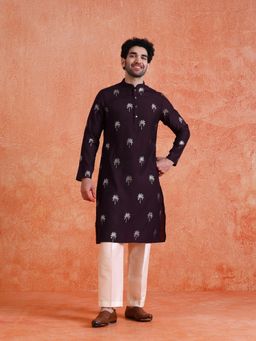 KISAH - Men's Wine Silk Blend Printed Kurta with Straight Leg Trouser