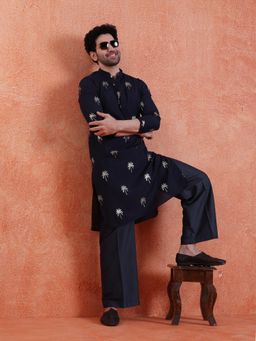 KISAH - Men's Navy Blue Polyrayon Gold Print Kurta with Straight Leg Trouser
