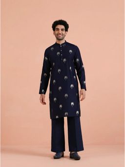 KISAH - Men's Navy Blue Polyrayon Gold Print Kurta with Straight Leg Trouser