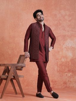KISAH - Men's Maroon Silk Blend Jacquard Mid Kurta Front Kurta with Jacket & Trouser