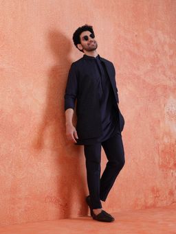 KISAH - Men's Blue Silk Blend Sequin Mid Kurta Front Kurta with Jacket & Trouser