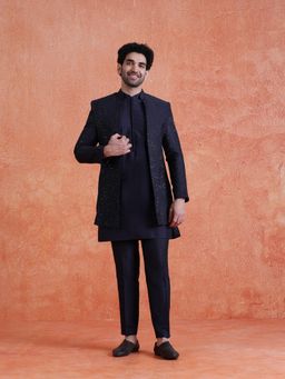 KISAH - Men's Navy Blue Silk Blend Sequin Mid Kurta with Short Sherwani & Trouser
