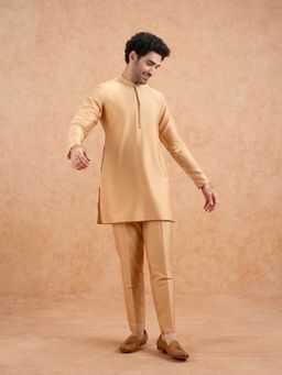 KISAH - Men's Golden Poly Silk Solid Mid Kurta with Trouser
