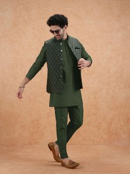 KISAH - Men's Bottle Green Silk Blend Self Design Mid Kurta with Jacket & Trouser