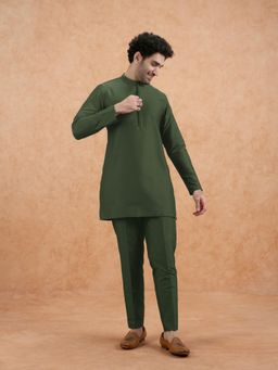 KISAH - Men's Olive Poly Silk Solid Kurta with Trouser