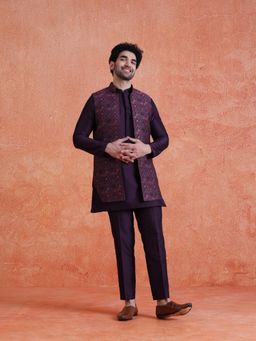 KISAH - Men's Purple Silk Blend Jacquard Mid Kurta Front Kurta with Jacket & Trouser