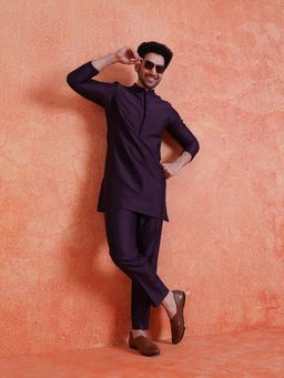 KISAH - Men's Purple Silk Blend Solid Mid Kurta with Trouser