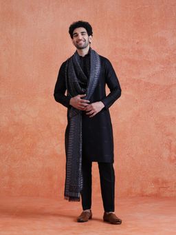 KISAH - Men's Black Silk Blend Jacquard Kurta with Trouser & Dupatta