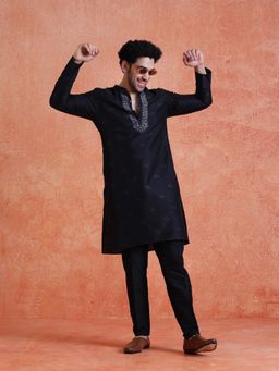 KISAH - Men's Black Silk Blend Jacquard Kurta with Trouser