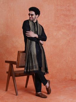 KISAH - Men's Blue Silk Blend Jacquard Kurta with Trouser & Dupatta