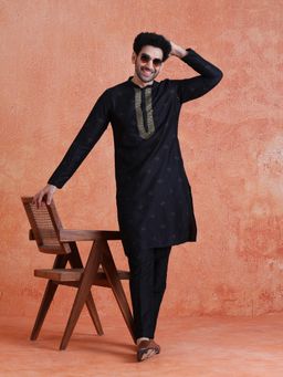 KISAH - Men's Blue Silk Blend Jacquard Kurta with Trouser
