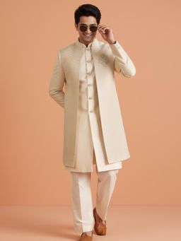 KISAH - Men's Green Jacquard Front Open Inner Jacket with Sherwani & Trouser