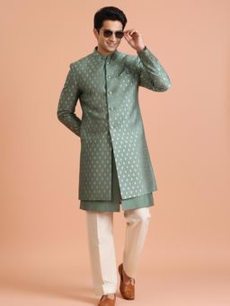 KISAH - Men's Green Jacquard Front Open Inner Jacket with Sherwani & Trouser