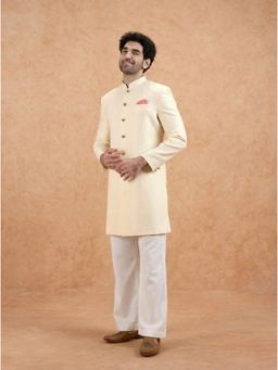 KISAH - Men's Cream Silk Blend Self Design Sherwani with Straight Leg Trouser