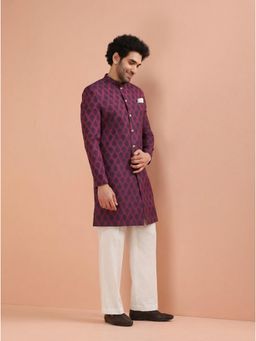 KISAH - Men's Maroon Silk Blend Embroidered Sherwani with Straight Leg Trouser